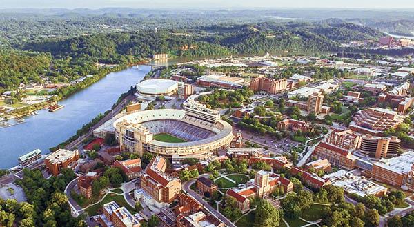 sunset over the Tennessee River that surrounds campus